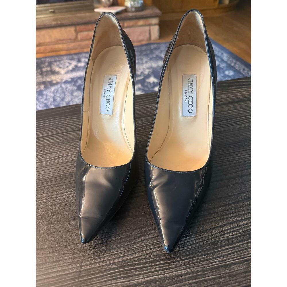 Jimmy Choo Romy 100 Dark Navy Blue Patent Leather Pumps Sz. 39.5